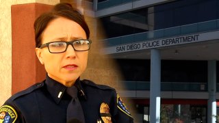 An undated photo of SDPD Captain Martha Sainz and an undated photo of SDPD Headquarters in Downtown San Diego.