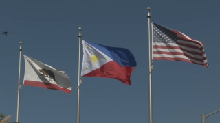 The Filipino flag waves alongside the U.S. flag and the California flag in honor of Filipino American History Month.