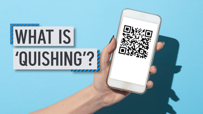 Text reading 'What is quishing' over blue background with hand holding cellphone