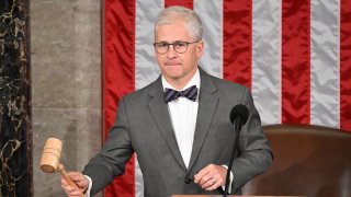 Representative Patrick McHenry (R-NC), the temporary leader of the House of Representatives and the speaker pro tempore, holds the gavel in the House Chamber as they prepare to vote on a new Speaker of the House at the US Capitol in Washington, DC, on October 17, 2023.