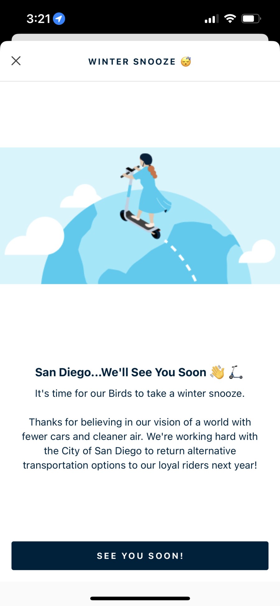 A message on Bird's app for San Diego customers.