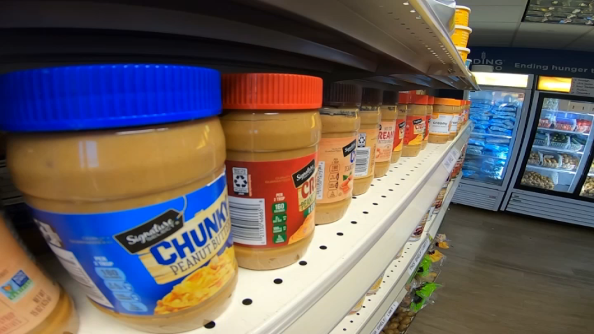 A shelf at a free grocery store in Sorrento Valley created by Feeding San Diego.