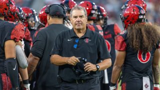 Head coach Brady Hoke of the San Diego State Aztecs walk son the field against the UCLA Bruins at Snapdragon Stadium on September 9, 2023 in San Diego, California.