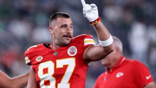 Travis Kelce #87 of the Kansas City Chiefs on October 01, 2023 in East Rutherford, New Jersey.