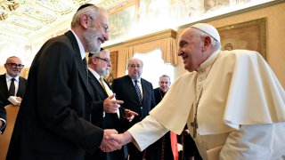 Pope Francis greets the chief rabbi of Rome Riccardo Di Segni during an audience with a delegation of the Conference of European Rabbis at the Apostolic Palace on Nov. 6, 2023 in Vatican City, Vatican.