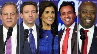 Split image of former New Jersey Gov. Chris Christie, Florida Gov. Ron DeSantis, former United Nations Ambassador Nikki Haley, businessman Vivek Ramaswamy and Sen. Tim Scott of South Carolina