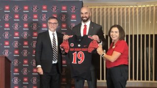 SDSU's newest head football coach Sean Lewis at a news conference.