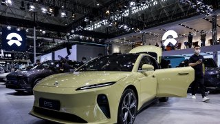 Nio’s ET5 stands on display at the Central China International Auto Show on May 25, 2023, in Wuhan, China.