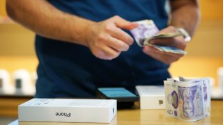 The new Apple iPhone 15 on display inside the tech giant’s flagship store in Regent Street, central London. Picture date: Friday September 22, 2023. (Photo by Jonathan Brady/PA Images via Getty Images)