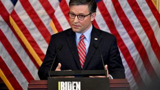 US House Speaker Mike Johnson (R-LA) speaks during a news conference following the House Republican caucus meeting at the US Capitol in Washington, DC, on November 29, 2023.