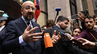 European Council President Charles Michel delivers remarks in Brussels after EU leaders agreed on to open talks with Ukraine on joining the bloc.