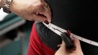 In this Jan. 20, 2010 file photo, a subject's waist is measured during an obesity prevention study in Chicago.