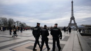 French gendarmes patrol the Trocadero plaza near the Eiffel Tower after a man targeted passersbys late saturday, killing a German tourist with a knife and injuring two others in Paris, Sunday, Dec. 3, 2023. Police subdued the man, a 25-year-old French citizen who had spent four years in prison for a violent offense. After his arrest, he expressed anguish about Muslims dying, notably in the Palestinian territories.