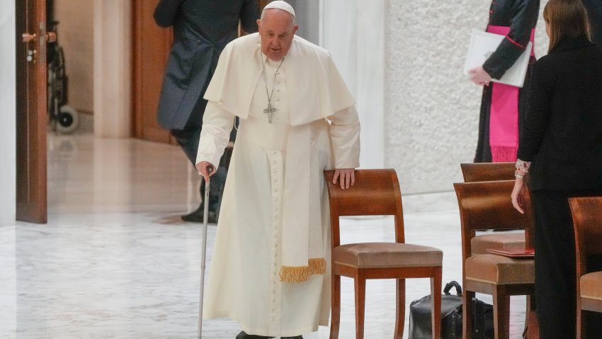 Pope Francis arrives in the Paul VI hall on the occasion of the weekly general audience at the Vatican.