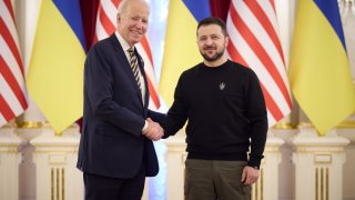 FILE - President Joe Biden meets with Ukrainian President Volodymyr Zelensky at the Ukrainian presidential palace on Feb. 20, 2023, in Kyiv.