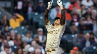 SAN FRANCISCO, CALIFORNIA – SEPTEMBER 26: Juan Soto #22 of the San Diego Padres points to the sky after he hit a home run against the San Francisco Giants in the first inning at Oracle Park on September 26, 2023 in San Francisco, California. (Photo by Ezra Shaw/Getty Images)