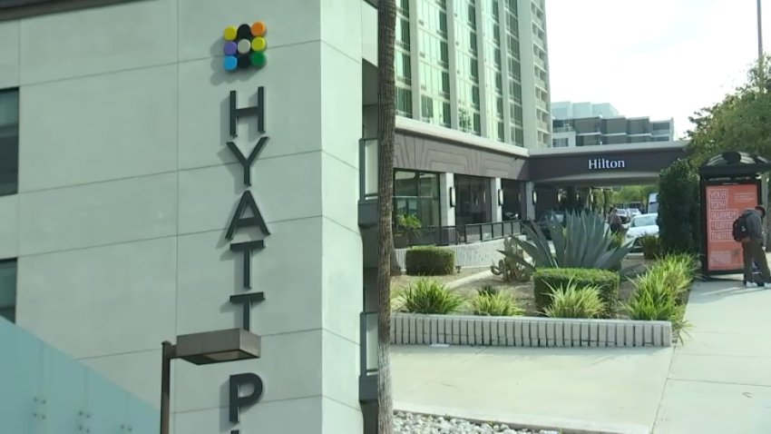 A split image of the Hyatt and Hilton hotels in Pasadena.