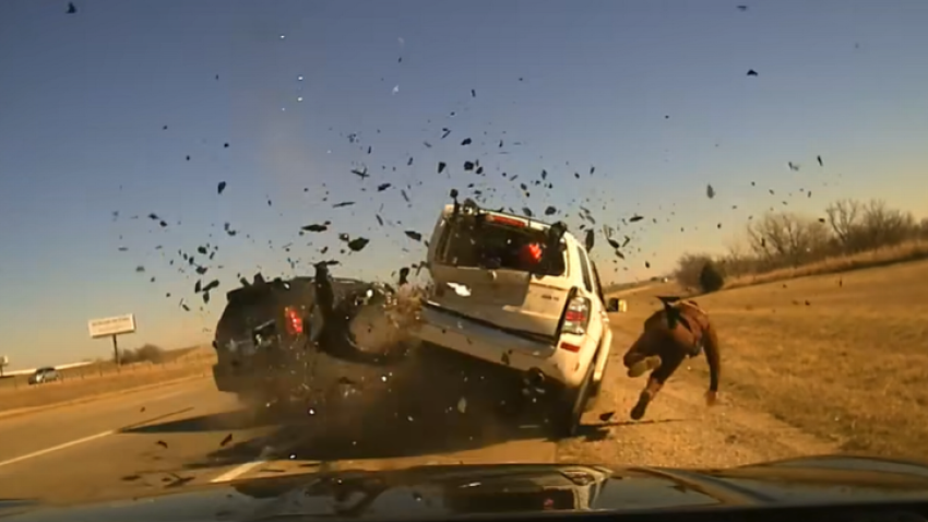 Recently released video from the Oklahoma Highway Patrol shows the heart-stopping moments of a traffic stop crash that hurt a trooper and two drivers.