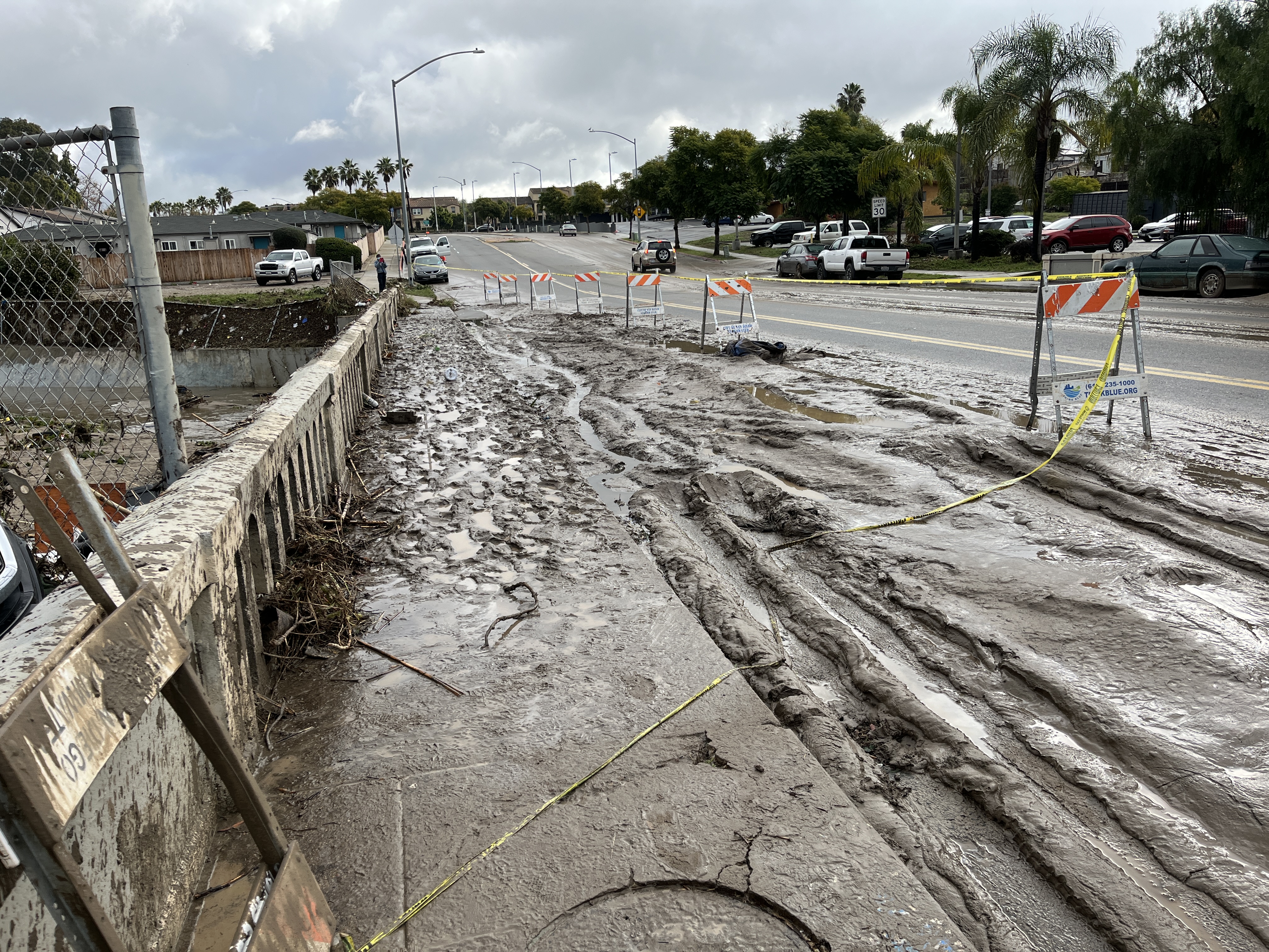 Mud and debris in San Diego’s Southcrest neighborhood the day after a powerful storm system on Jan. 23, 2024.