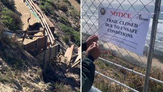 A photo of a bluff collapse at Beacon's Beach from the city of Encinitas alongside a photo of the sign stating the beach access trail is closed.