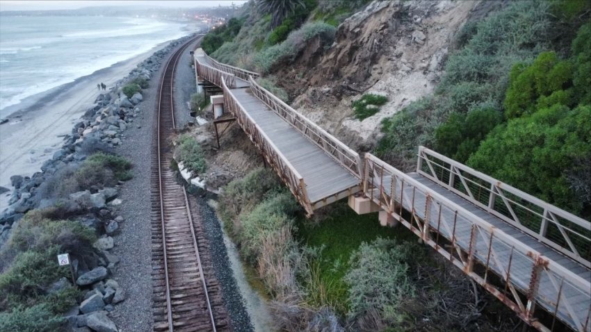 The Mariposa Bridge in San Clemente is heavily damaged, as pictured on Wednesday, Jan. 25, 2024, following a landslide.