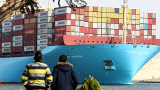 A cargo ship travels on the Suez Canal in Ismailia Province, Egypt, Jan. 13, 2024. 