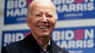U.S. President Joe Biden reacts as he attends the opening of the Biden for President campaign office in Wilmington, Delaware, U.S., February 3, 2024. 