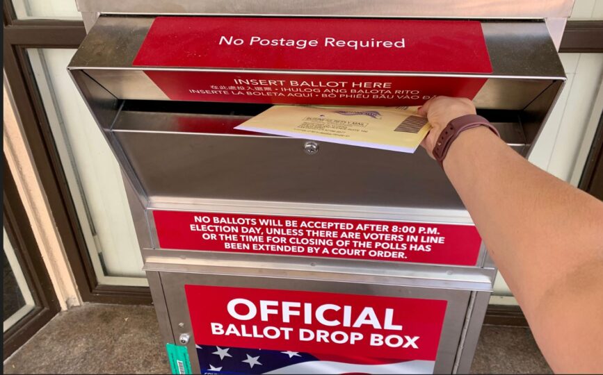 An official San Diego County Registrar of Voters ballot drop box at the North Park Library.