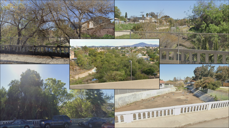 Screen grabs of the Alpha Channel/Chollas Creek (clockwise from top left): Looking south from the 38th Street bridge in February, looking north from the 38th Street bridge in February, looking south from the National Avenue bridge in February, looking north from the National Avenue Bridge in February, and (center) looking north from the Interstate 5 on-ramp in November 2022