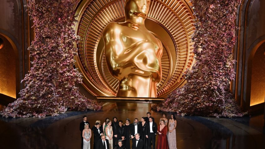 The cast of "Oppenheimer" on stage at the Oscars