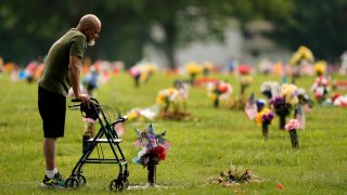 Tom Ware visits the grave of his son, Taylor Ware, on what would have been his 28th birthday, Thursday, June 8, 2023, in Kansas City, Mo. After Taylor Ware ran from a police officer during a manic episode caused by bipolar disorder, he was attacked by a police dog, jolted by a stun gun, pinned on the ground and injected with a sedative.