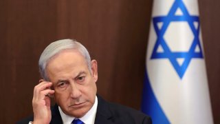 FILE - Israeli Prime Minister Benjamin Netanyahu attends the weekly cabinet meeting in the prime minister's office in Jerusalem, June 25, 2023. Prime Minister Benjamin Netanyahu’s office says the Israeli leader will undergo surgery on Sunday for a hernia. (Abir Sultan/Pool Photo via AP, File)