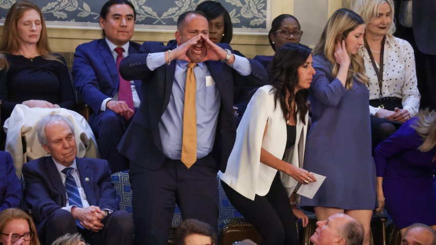 WASHINGTON, DC – MARCH 07: A heckler yells out as U.S. President Joe Biden delivers the State of the Union address during a joint meeting of Congress in the House chamber at the U.S. Capitol on March 07, 2024 in Washington, DC. This is Biden’s last State of the Union address before the general election this coming November. (Photo by Alex Wong/Getty Images)