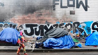 A woman walks past tents for the homeless lining a street in Los Angeles, Calif. on Feb. 1, 2021.