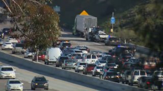 At least four vehicles crashed on southbound Interstate 805 near Nobel Drive in between University City and La Jolla on April 8, 2024, sending at least three people to hospitals and slowing down traffic during a usually high-traffic hour. (NBC 7 San Diego)