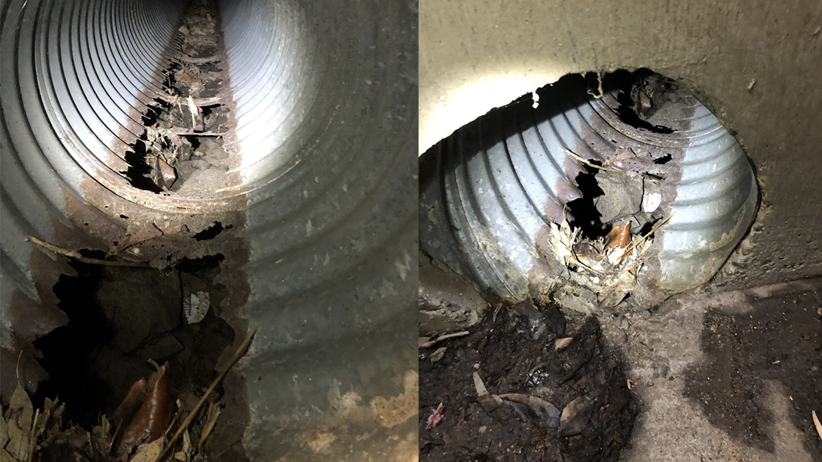 These images show areas of the stormwater pipe that deteriorated, allowing water to flow into the ground.
