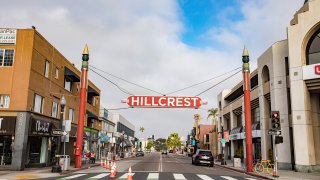 General view of the Hillcrest sign prior to San Diego Pride Parade on July 15, 2023 in San Diego, California.