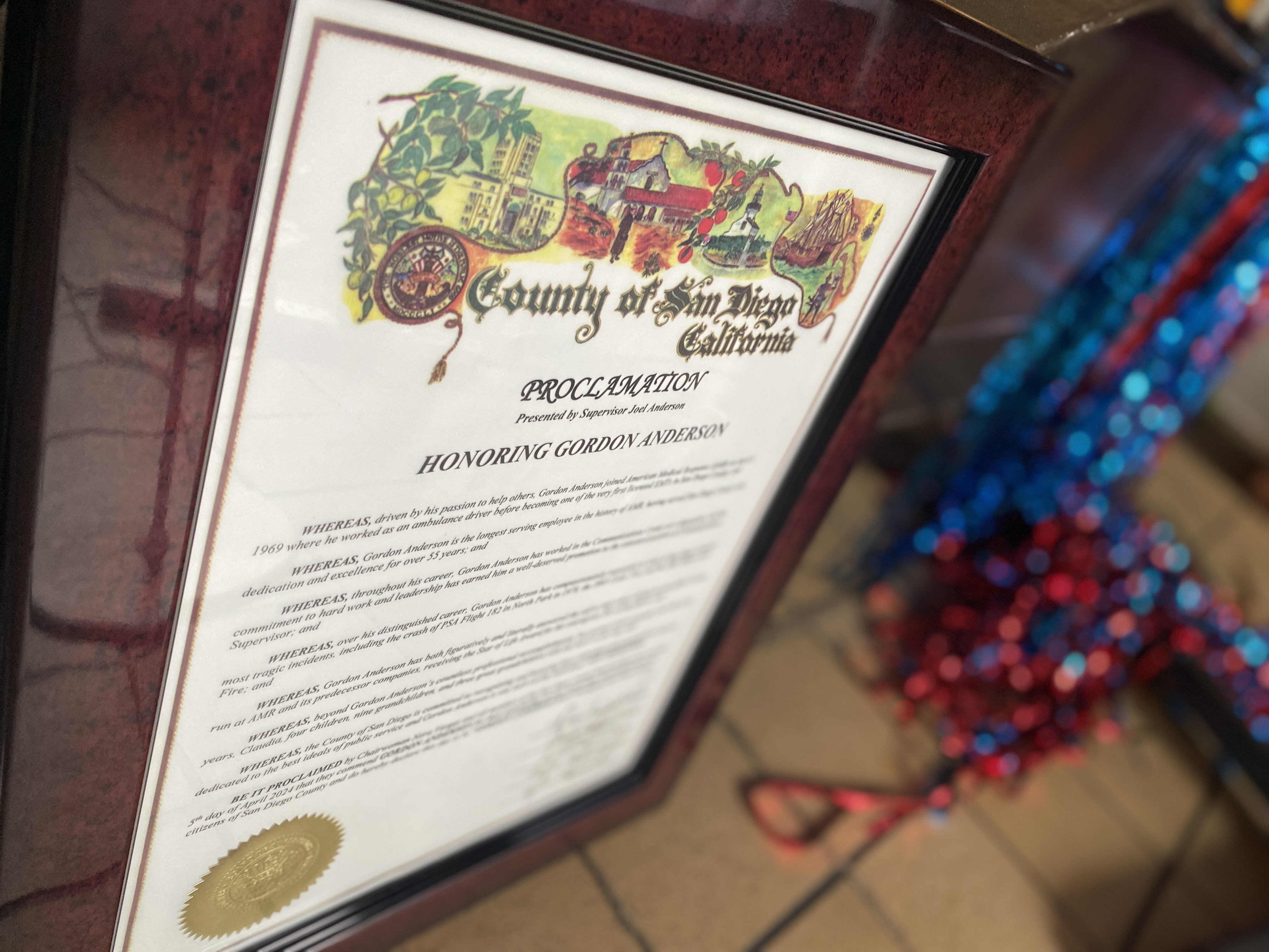 A proclamation declaring April 5, 2024 as Gordon Anderson Day in San Diego County.