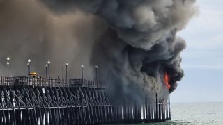 Flames erupted at the end of the Oceanside Pier around 3 p.m. on April 25, 2024.