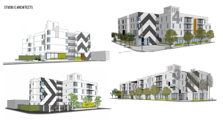 Renderings of the Cuatro affordable housing project in City Heights provided by Studio E Architects. Photo edited by NBC 7.