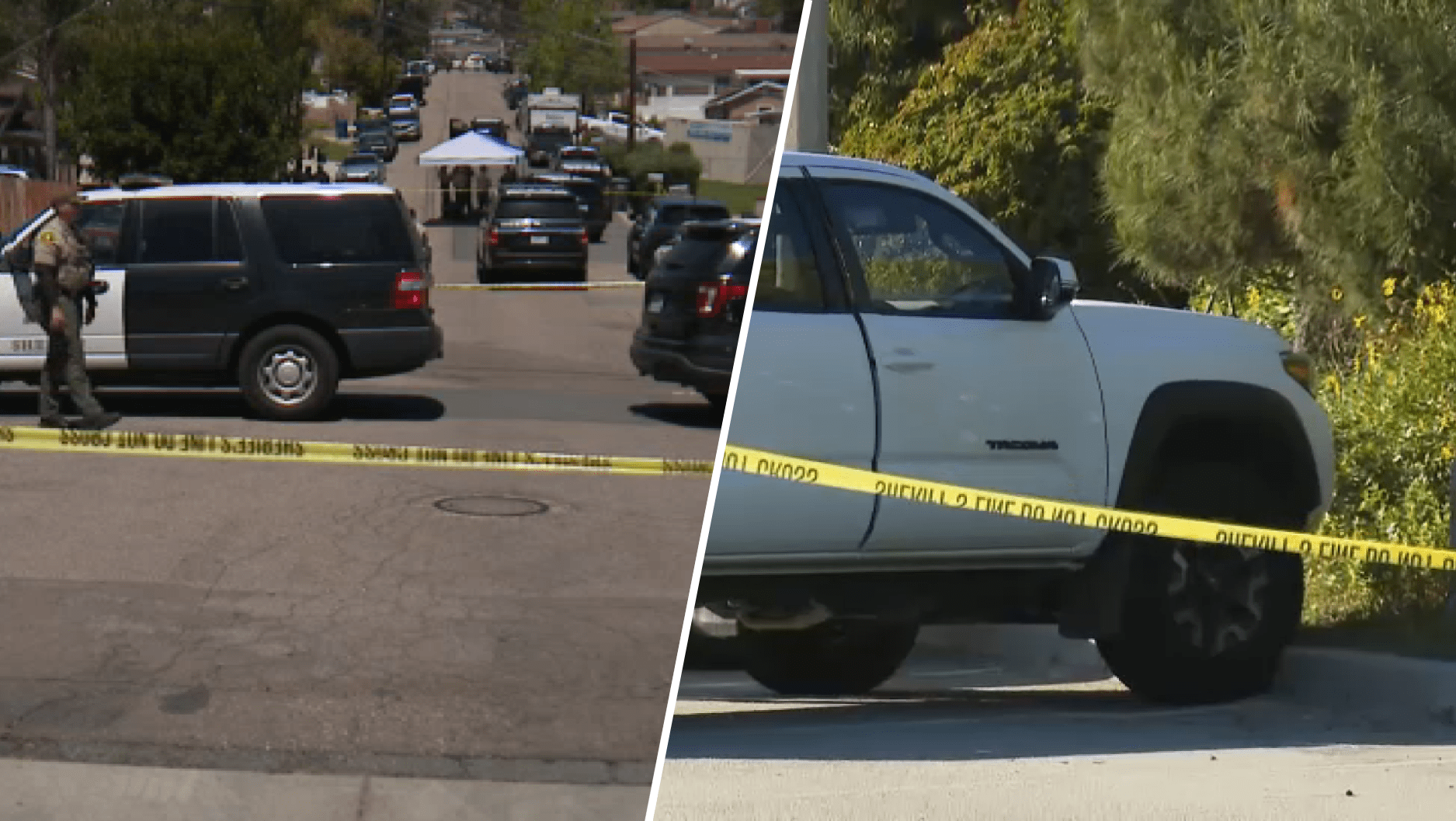 Left, a homicide investigation underway in the La Presa neighborhood on April 16, 2024. Right, a white truck where a suspect was later found dead.