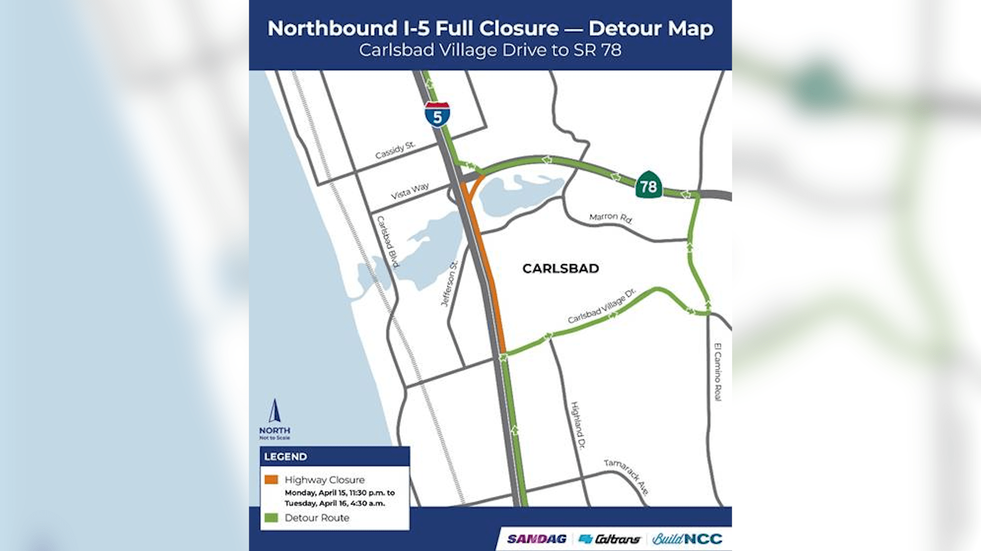A northbound I-5 closure detour map provided by Caltrans.