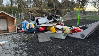 A 39-year-old woman died after driving on State Route-78 in Ramona when her car flipped and crashed into the playground area of a preschool on April 9, 2024. (Cal Fire)
