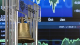 A photo shows the bell during a bell ceremony of the Euronext Brussels Stock Exchange in Brussels on March 18, 2024.