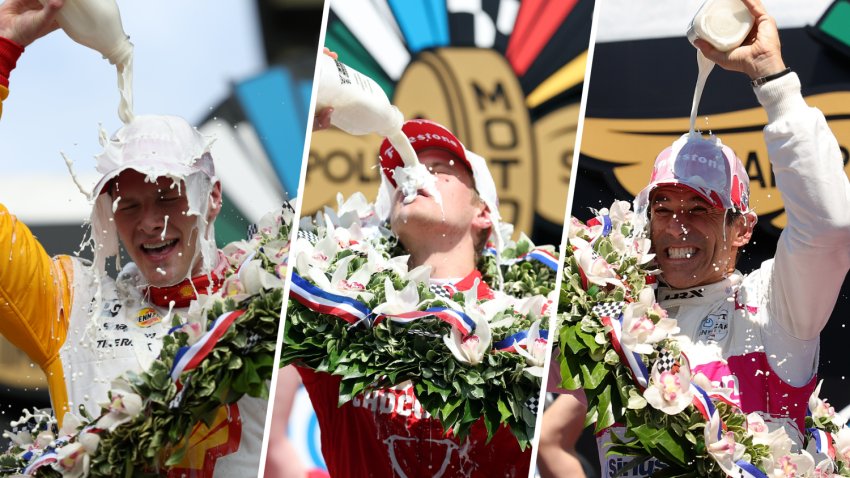 Split image of Josef Newgarden (left), Marcus Ericsson (center) and Helio Castroneves (right)