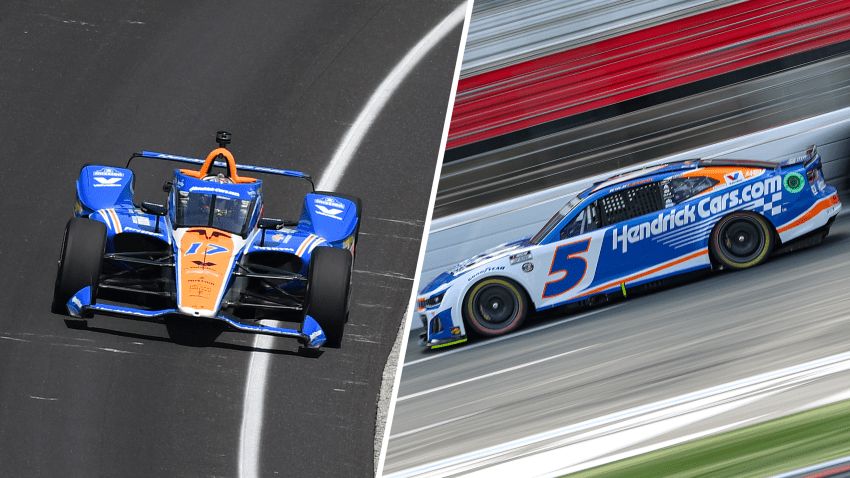 Split image of Kyle Larson's Indy 500 and Coke 600 cars