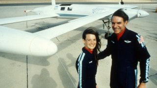 FILE - Co-pilots Dick Rutan, right, and Jeana Yeager