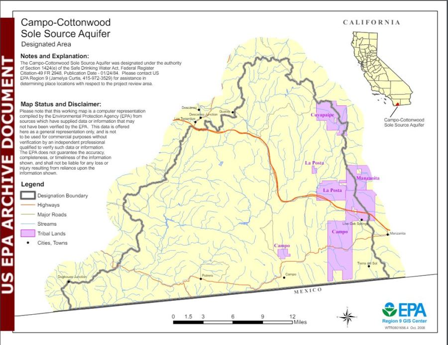 A map of the Campo-Cottonwood Sole Source Aquifer