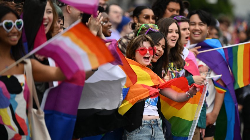 Parade attendees with Pride flags