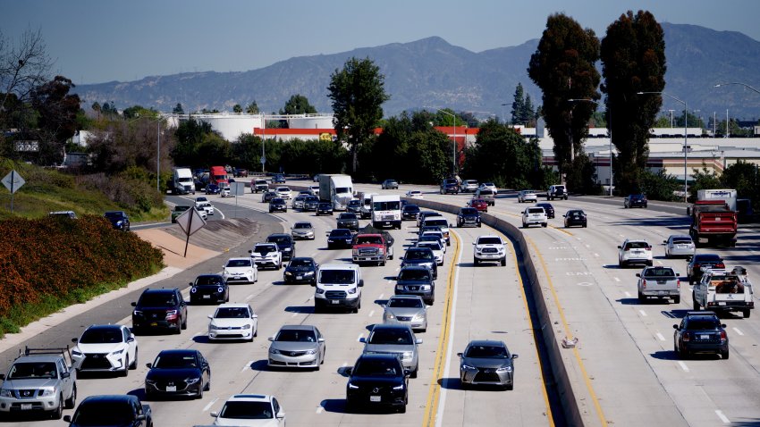 Traffic on the 405 freeway in Los Angeles, California, US, on Tuesday, April 2, 2024. US crude futures hit $85 a barrel in New York for the first time since October, as OPEC+ supply cuts underpin a steadily strengthening market. Photographer: Eric Thayer/Bloomberg via Getty Images